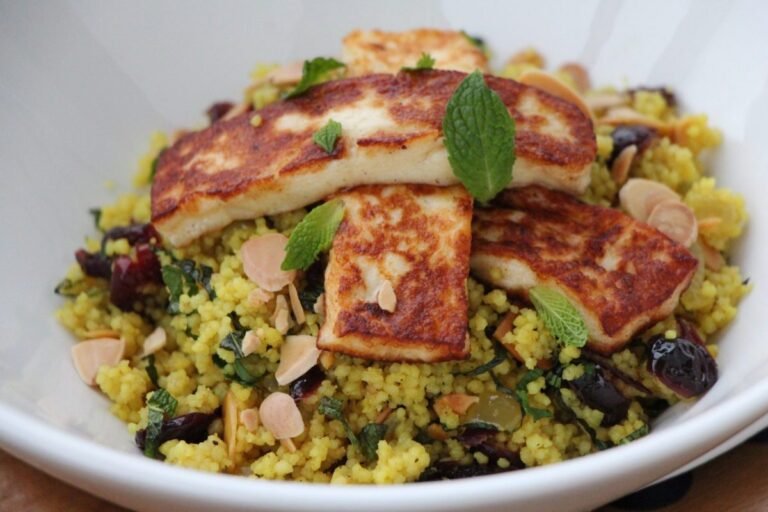 Fried Haloumi with Minted Turmeric Couscous
